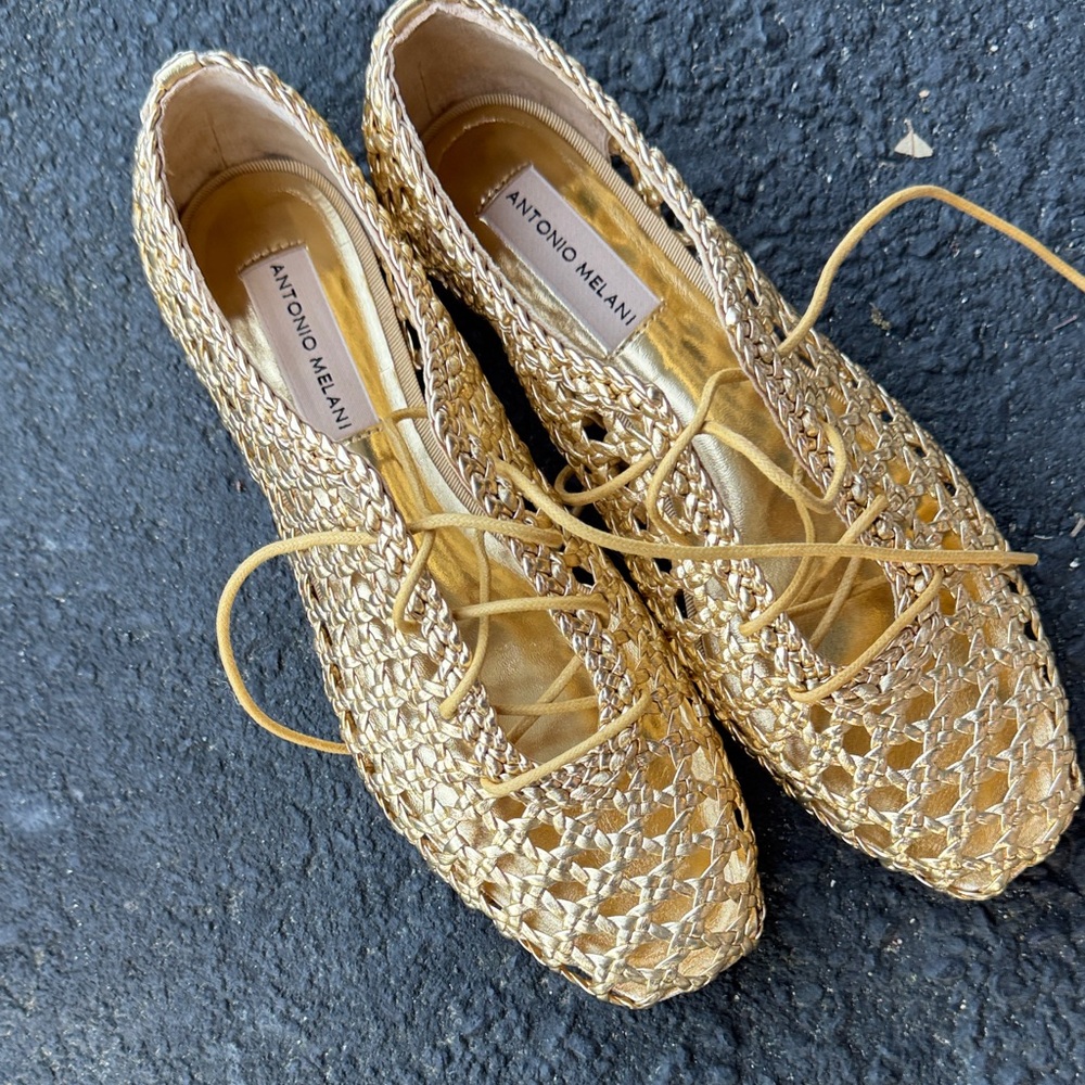 ANTONIO MELANI Metallic Gold Woven Flats